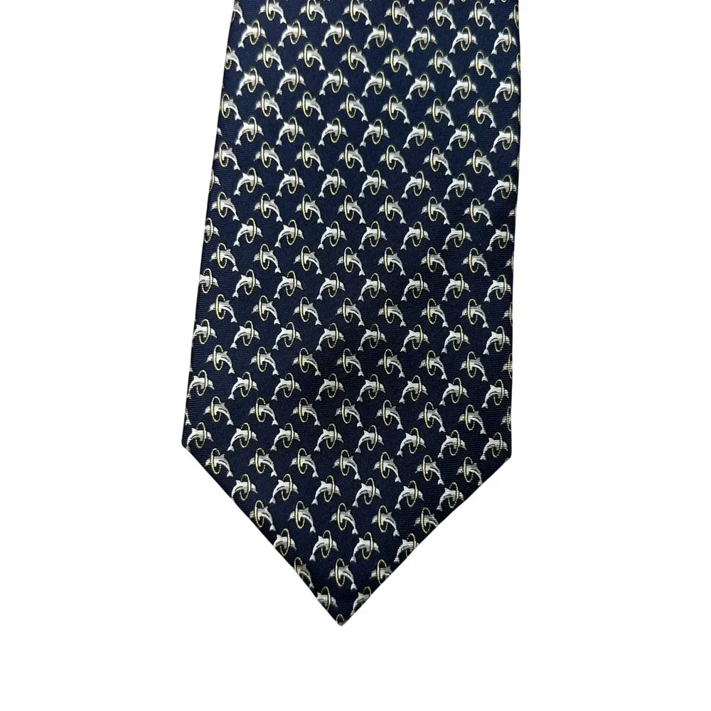 Brooks Brothers Makers Navy Blue Silk Dolphin Hoop Pattern Tie Made in USA